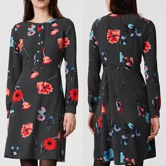 ANN TAYLOR LOFT Floral Breeze Shirt Dress Dark Green Multi Long Sleeve PETITE 2P - Picture 1 of 16